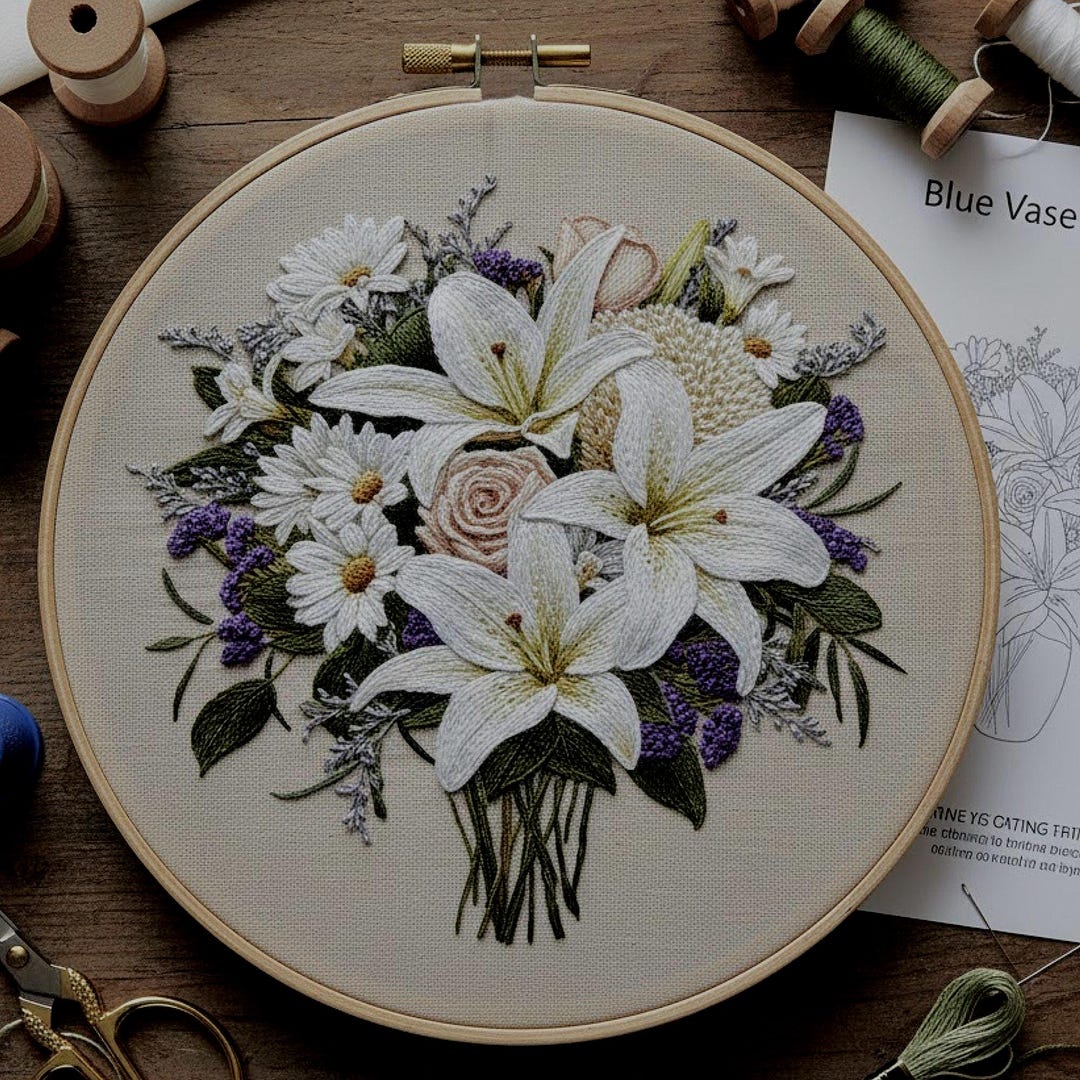 White Floral Bouquet Embroidery Pattern | Elegant Botanical Hand ...