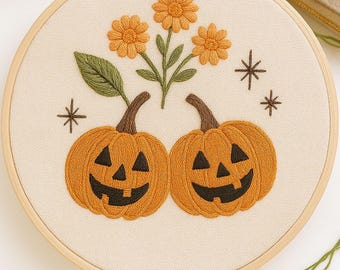 Halloween Pumpkin Embroidery Pattern: Floral Jack-o'-Lantern, Beginner Hand Stitch (PDF Pattern)