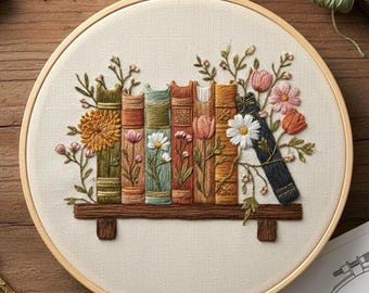 Floral Bookshelf Embroidery Pattern, Vintage Book Hoop Art (Digital Download)