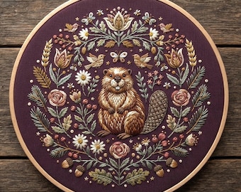 Woodland Beaver Embroidery Pattern | Folk Art Botanical Hoop Art (Digital Download)