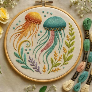 May include: Embroidered hoop art featuring two jellyfish in orange and teal, with flowing tentacles and detailed stitching. The design includes colorful foliage and small bubbles, set against a neutral fabric. Embroidery floss in various shades is visible.