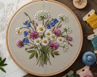 May include: Hand-embroidered floral design on a beige fabric stretched within a wooden hoop. The embroidery features a bouquet of daisies, clover, and bluebells. Spools of thread in various colors and a wooden bee-shaped button are visible. Text: Hand Embroidery Patterns By Zazarita.