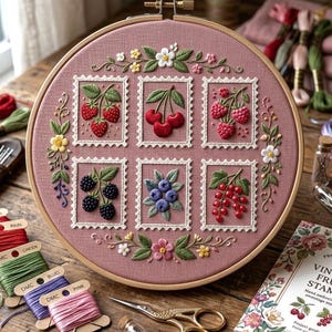 May include: A circular wooden embroidery hoop containing dusty rose fabric with six rectangular embroidered frames featuring strawberries, cherries, raspberries, blackberries, blueberries, and red currants, accented by floral vines.