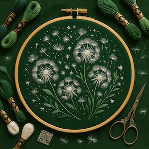 May include: A circular embroidery hoop featuring a white dandelion design on a dark green fabric. The image includes green embroidery threads, leaves, and gold scissors, creating a craft-focused composition.