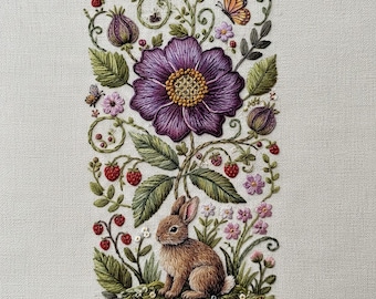 Woodland Bunny Floral Embroidery Pattern – Vintage Botanical Hand Embroidery PDF