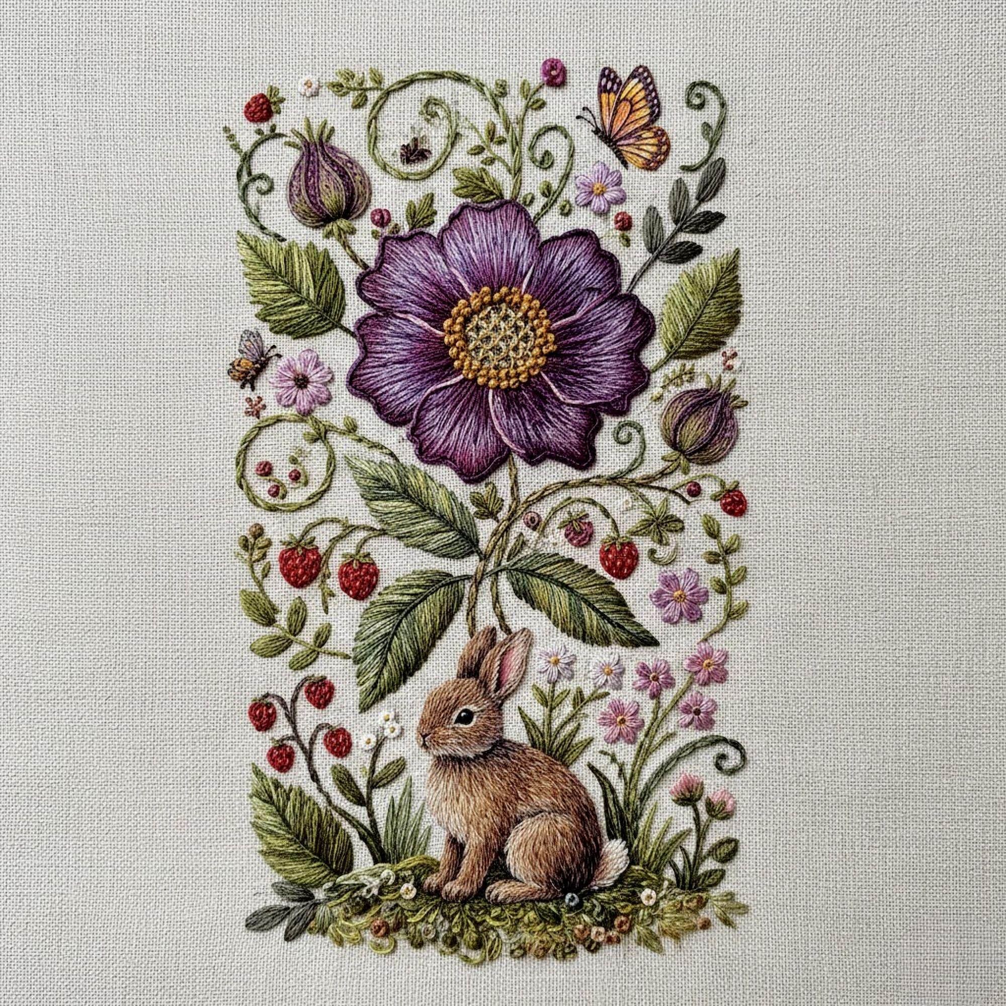 Woodland Bunny Floral Embroidery Pattern – Vintage Botanical Hand ...