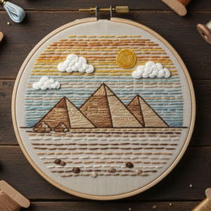 May include: Embroidered hoop art featuring a desert landscape with pyramids, clouds, and a sun. The sky transitions from yellow to orange, with blue and brown pyramids in the foreground. The embroidery is set in a wooden hoop.