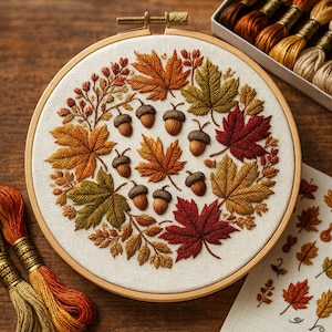 Op de afbeelding: Een borduurring met een herfstthema. Het kunstwerk toont kleurrijke geborduurde bladeren in tinten rood, oranje en groen, samen met eikels. Het ontwerp is geplaatst op een crèmekleurige stof, met borduurgaren en een patroonvel in de buurt.