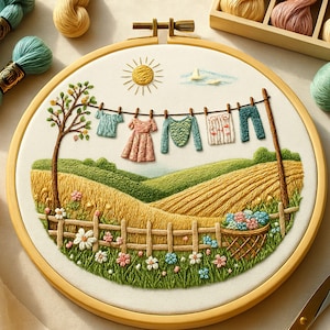 Puede incluir: Arte de aro bordado que presenta una escena pastoral con un tendedero de prendas en miniatura. El diseño incluye un cielo soleado, colinas, una valla de madera y una cesta de flores, todo en colores vibrantes.