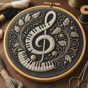 May include: Embroidered musical treble clef and piano keys design in a wooden embroidery hoop. The design features a black background with beige thread, surrounded by floral accents. The hoop is approximately 8 inches in diameter.