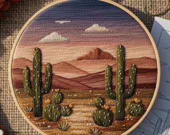 Può includere: Ricamo cucito a mano in un telaio di legno. Il paesaggio desertico presenta cactus, montagne e nuvole, con una tavolozza di colori di verdi, marroni e blu. Il ricamo è dettagliato e strutturato, creando un effetto tridimensionale.