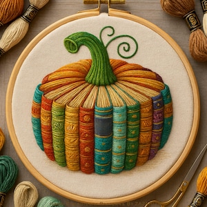 Puede incluir: Diseño de calabaza bordada en un aro de madera. La calabaza está hecha de libros coloridos con un tallo y zarcillos verdes. Hilo de bordar y tijeras rodean el aro, lo que sugiere un proyecto de manualidades.