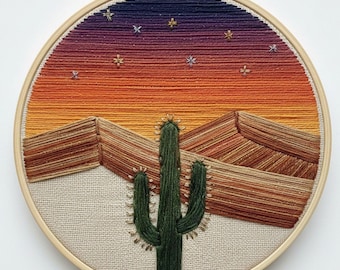 Desert Sunset Embroidery Pattern: Modern Cactus Landscape Hoop Art (PDF Download