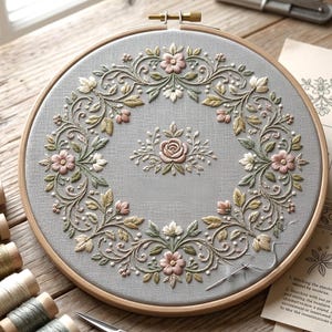 Könnte beinhalten: Fertiges Stickprojekt in einem Holzrahmen. Das Design zeigt einen floralen Kranz mit rosa, weißen und grünen Blüten und Blättern auf grauem Stoff. In der Mitte befindet sich eine Rose. Der Rahmen liegt auf einer Holzoberfläche. Durchmesser ca. 20 cm.