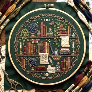 May include: An embroidered artwork in a wooden hoop, depicting a detailed bookshelf scene. The design includes books, globes, potion bottles, and moths, all rendered in various colours. The background is a deep green fabric, creating a rich contrast.