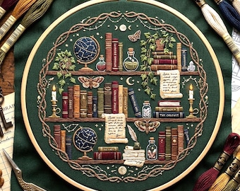 Mystical Bookshelf Embroidery Pattern, Celestial Library Hoop Art (PDF Pattern)