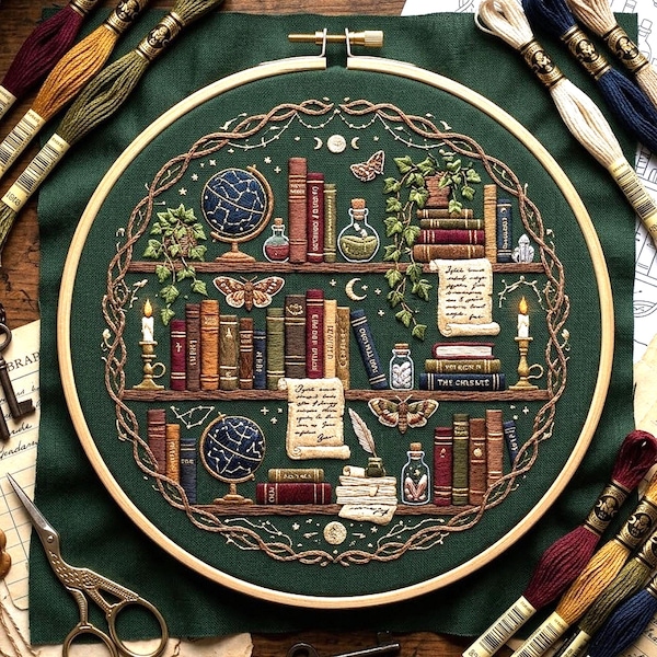 Mystical Bookshelf Embroidery Pattern, Celestial Library Hoop Art (PDF Pattern)