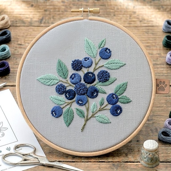 Blueberry Embroidery Pattern, Botanical Berry Hoop Art, Minimal Floral Design (Digital Download)