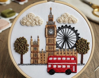 London Cityscape Hand Embroidery Pattern • Big Ben & Bus Hoop Art (PDF)