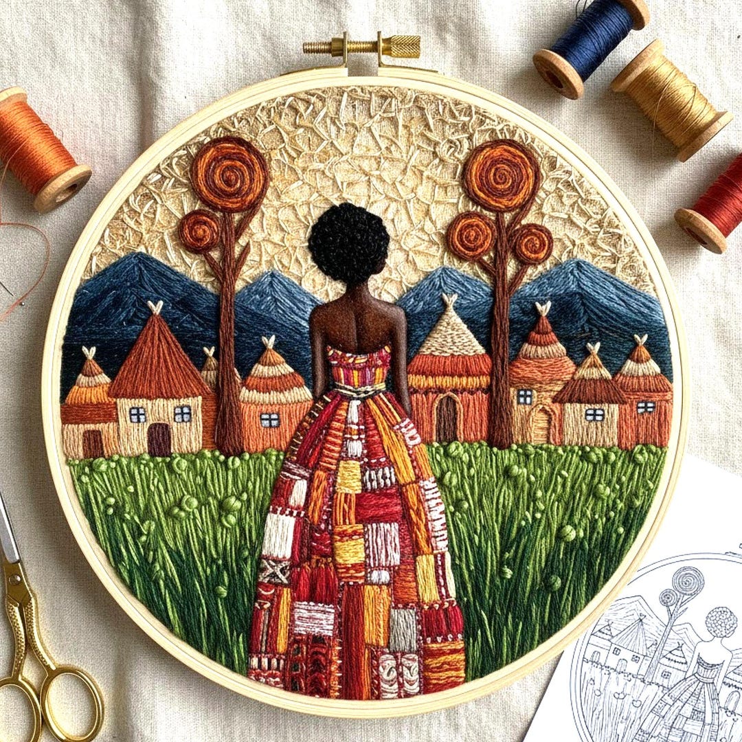 Afrocentric Village Embroidery Pattern, Cultural Hoop Art, Modern Hand ...