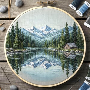 Op de afbeelding: Een geborduurd landschap met een bergketen met besneeuwde toppen die weerspiegeld worden in een kalm meer. De scène omvat groenblijvende bomen, een kleine hut en een houten borduurring. Het kleurenpalet omvat tinten groen, blauw en wit.