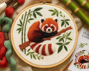 May include: An embroidered hoop art piece featuring a red panda perched on a branch, surrounded by bamboo and greenery. The red panda has a fluffy orange and white coat. Embroidery floss and bamboo stalks are visible.
