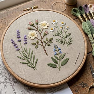 Puede incluir: Un proyecto de bordado terminado con diseños florales, incluyendo lavanda, rosas y margaritas, dentro de un aro de madera. El bordado utiliza hilo verde, morado, blanco y azul sobre una tela beige. Una aguja y carretes de hilo están cerca.