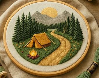 曲がりくねった森の道の刺繍パターン、自然歩道の手縫いテンプレート