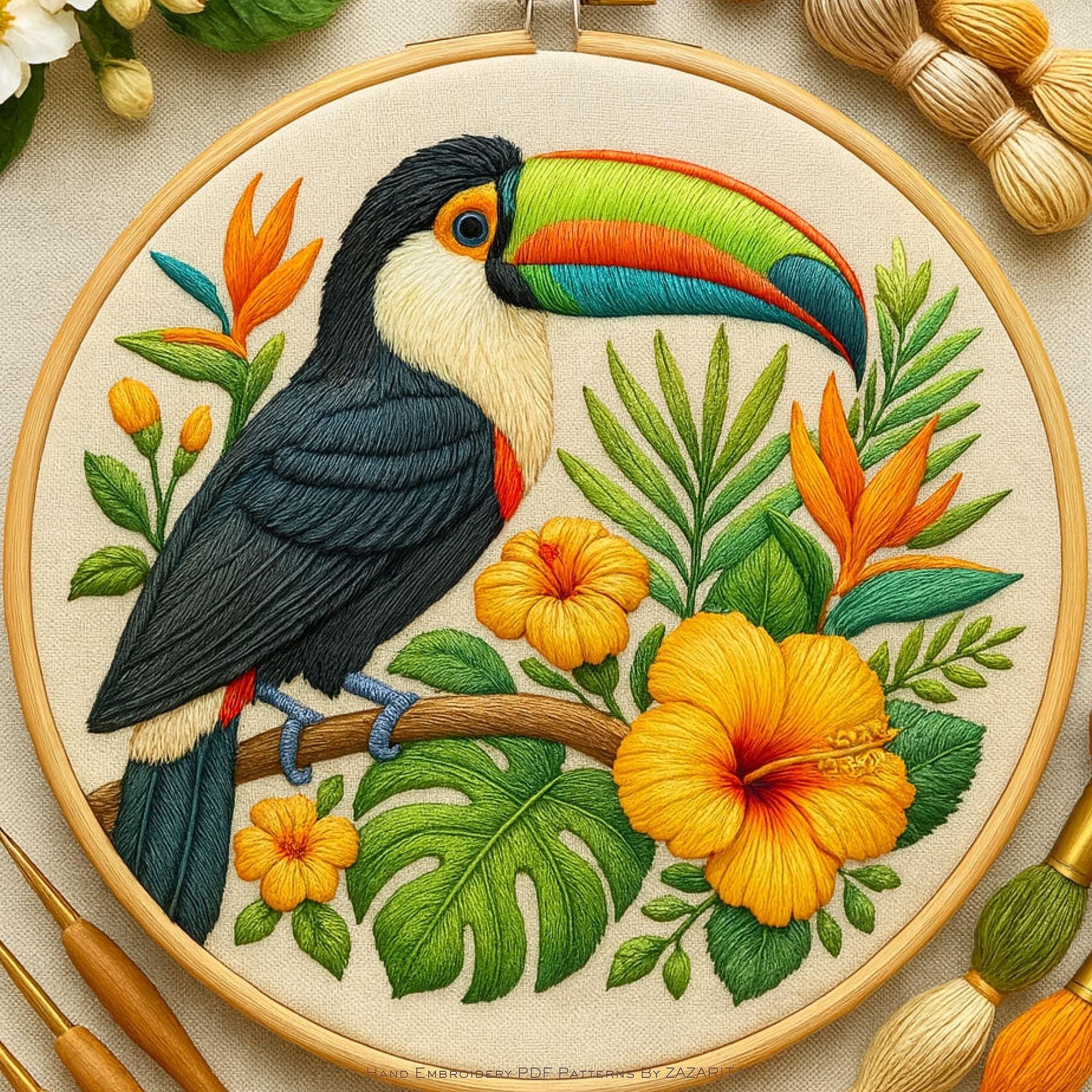 Toucan Embroidery Pattern: Vibrant Floral Hoop Art (PDF 