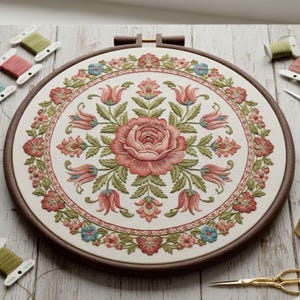 May include: A detailed floral embroidery in a wooden hoop. The design features a large pink rose at the center, surrounded by pink, blue, and green floral elements. The embroidery is set against a cream-colored fabric.
