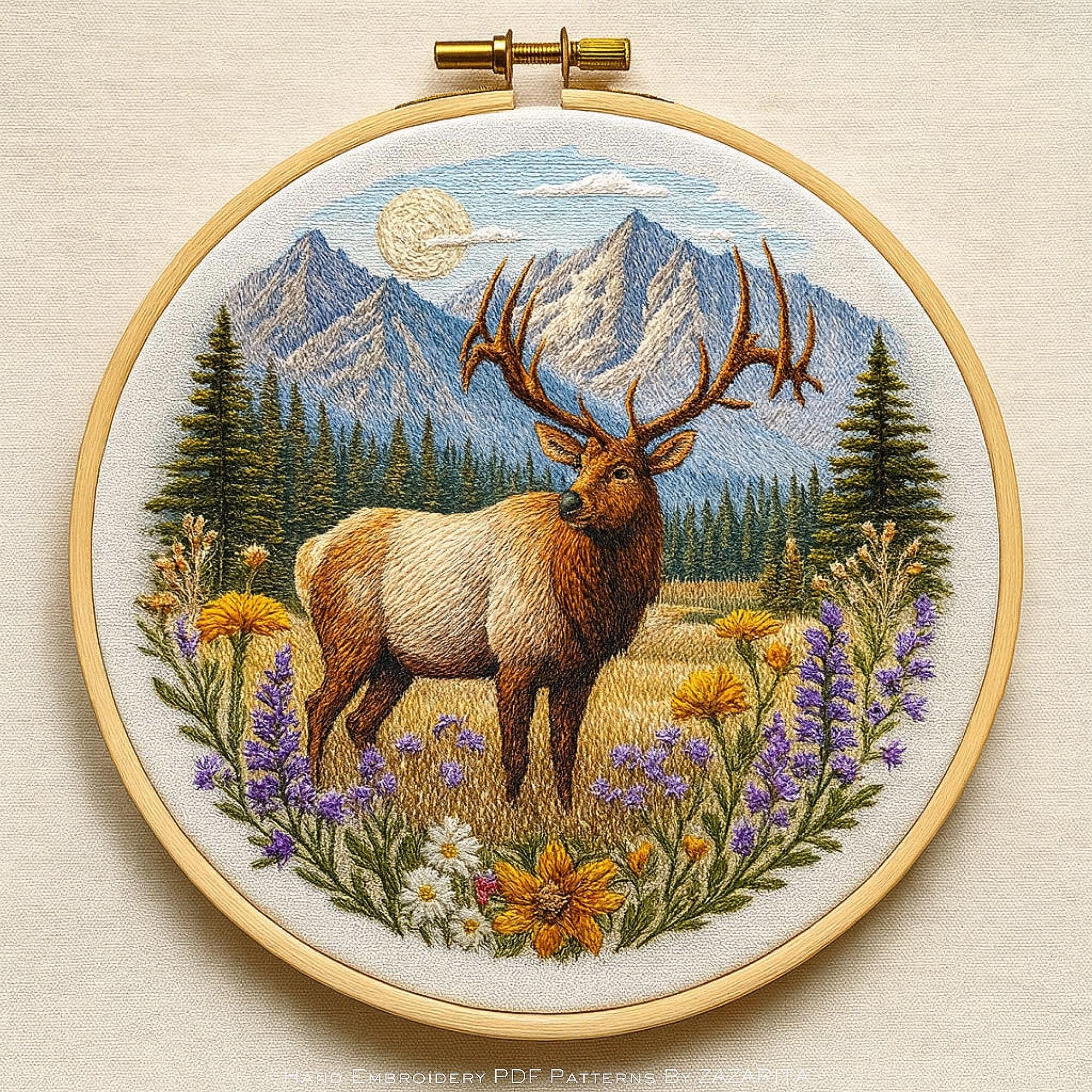 Elk & Mountain Landscape Embroidery Pattern | Hand Embroidery PDF ...