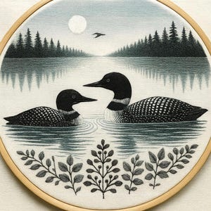 Puede incluir: Bordado redondo que representa dos somorgujos en un lago, con un bosque y una luna de fondo. Los somorgujos son negros y blancos, con patrones de plumas detallados. La escena está enmarcada por un aro de madera e incluye follaje bordado.