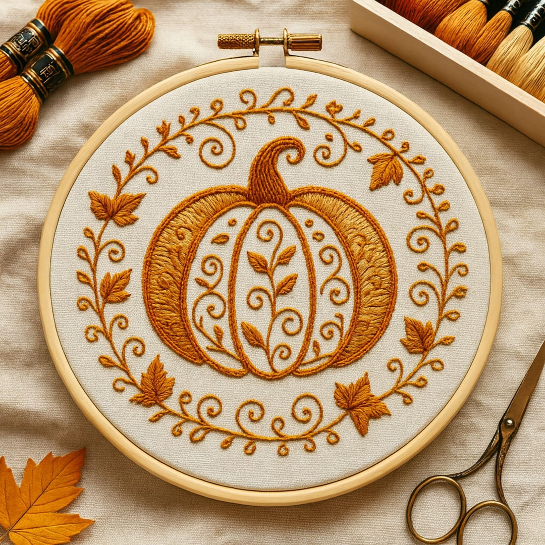 Pumpkin Embroidery Pattern: Autumn Leaves, Vines Hoop Art (PDF Pattern ...