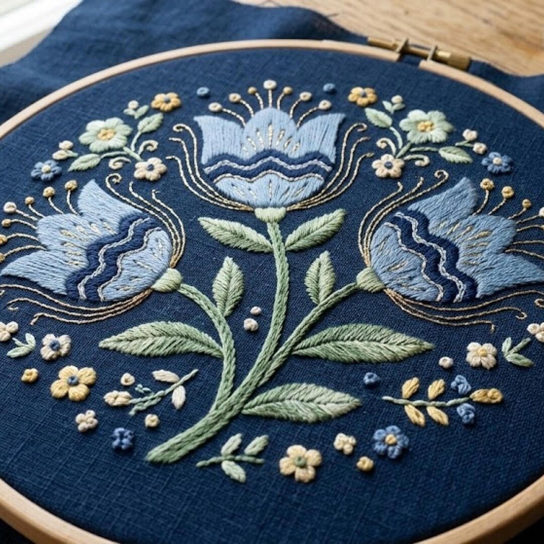 Blue Folk Floral Embroidery Pattern, Scandinavian Botanical Hoop Art ...