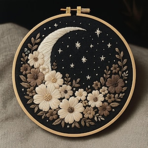 Moon & Wildflower Embroidery Pattern: Modern Beginner DIY (PDF Download)