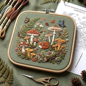 Peut inclure: Un kit de broderie représentant une scène de forêt avec des champignons, un renard et des papillons. Le motif est brodé sur un tissu vert, encadré dans un cercle en bois. Le kit comprend du fil à broder et une feuille de patron intitulée "Magical Woodland Meadow - Embroidery Kit."