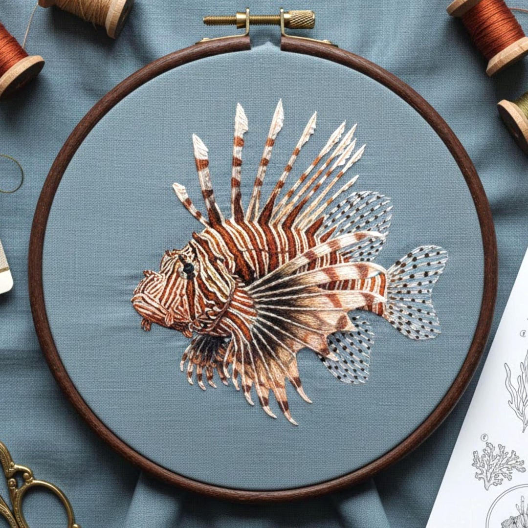 Embroidered Fish Pattern Lionfish Embroidery Pattern, Ocean Fish Hoop Art Design - Etsy