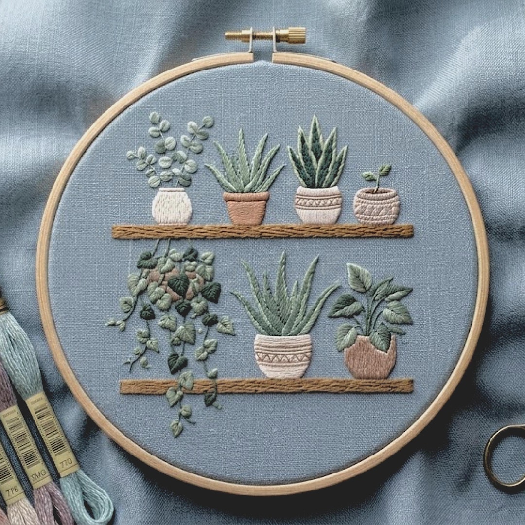 Scandinavian Plant Shelf Embroidery Pattern, Botanical Hoop Art ...