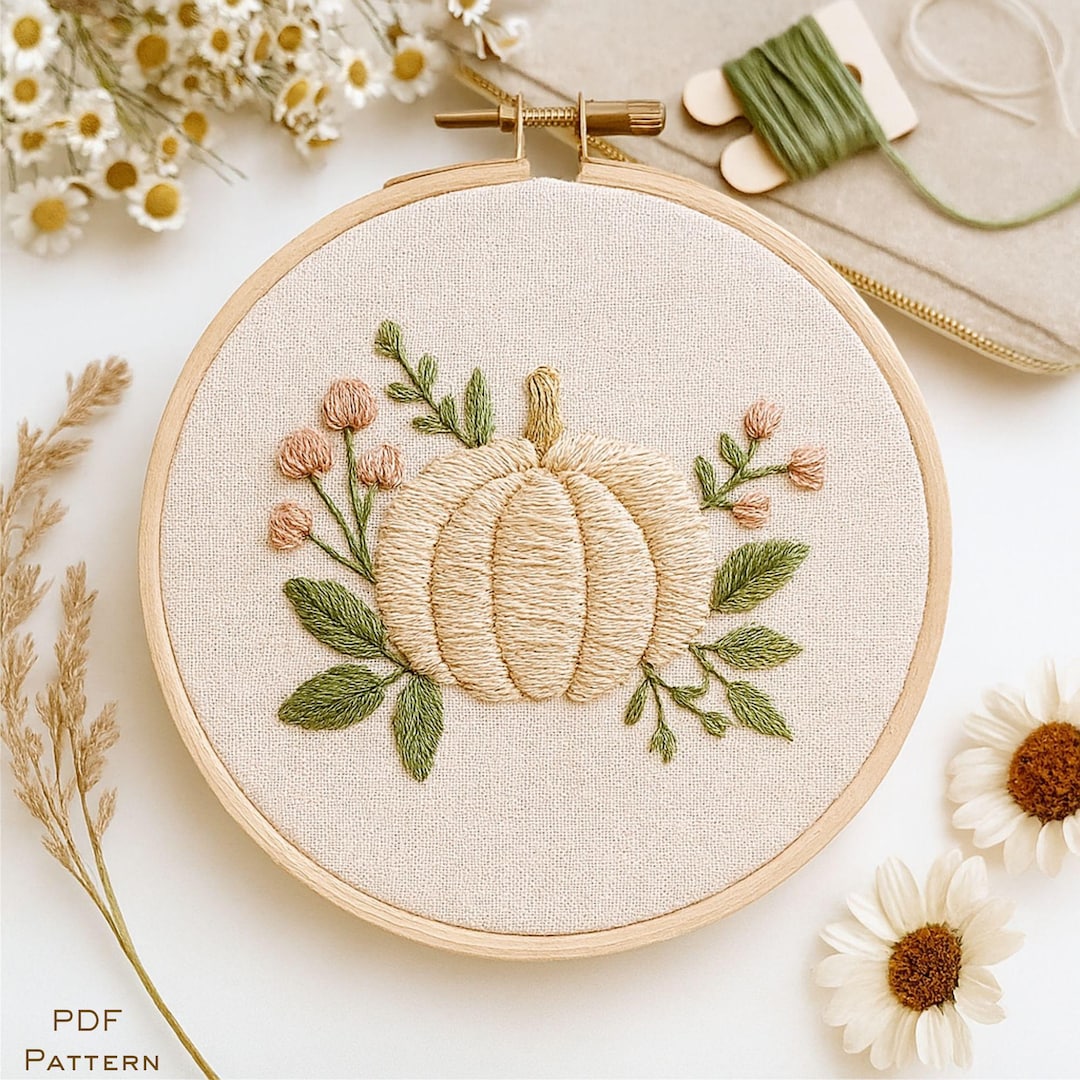 Pumpkin Embroidery Pattern PDF: Autumn Floral Design (6, 7, 8 Inch ...
