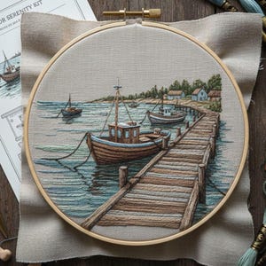 Op de afbeelding: Een borduurring met een gedetailleerde nautische scène. Het kunstwerk toont boten aangemeerd aan een houten pier, met een sereen kustlandschap op de achtergrond. Het kleurenpalet omvat tinten blauw, bruin en groen, wat een kalmerende esthetiek creëert. De tekst "FOR SERENITY KIT" is zichtbaar.