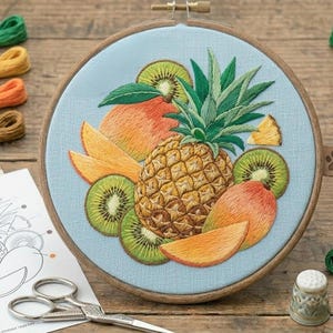 Tropical Fruit Embroidery Pattern, Pineapple Mango Kiwi Hoop Art (PDF Download)
