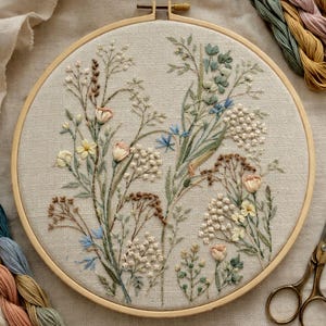 Wildblumen Wiese Stickerei Muster, Vintage botanische Hand Stickerei Hoop Art, Cottagecore Floral Digital Download