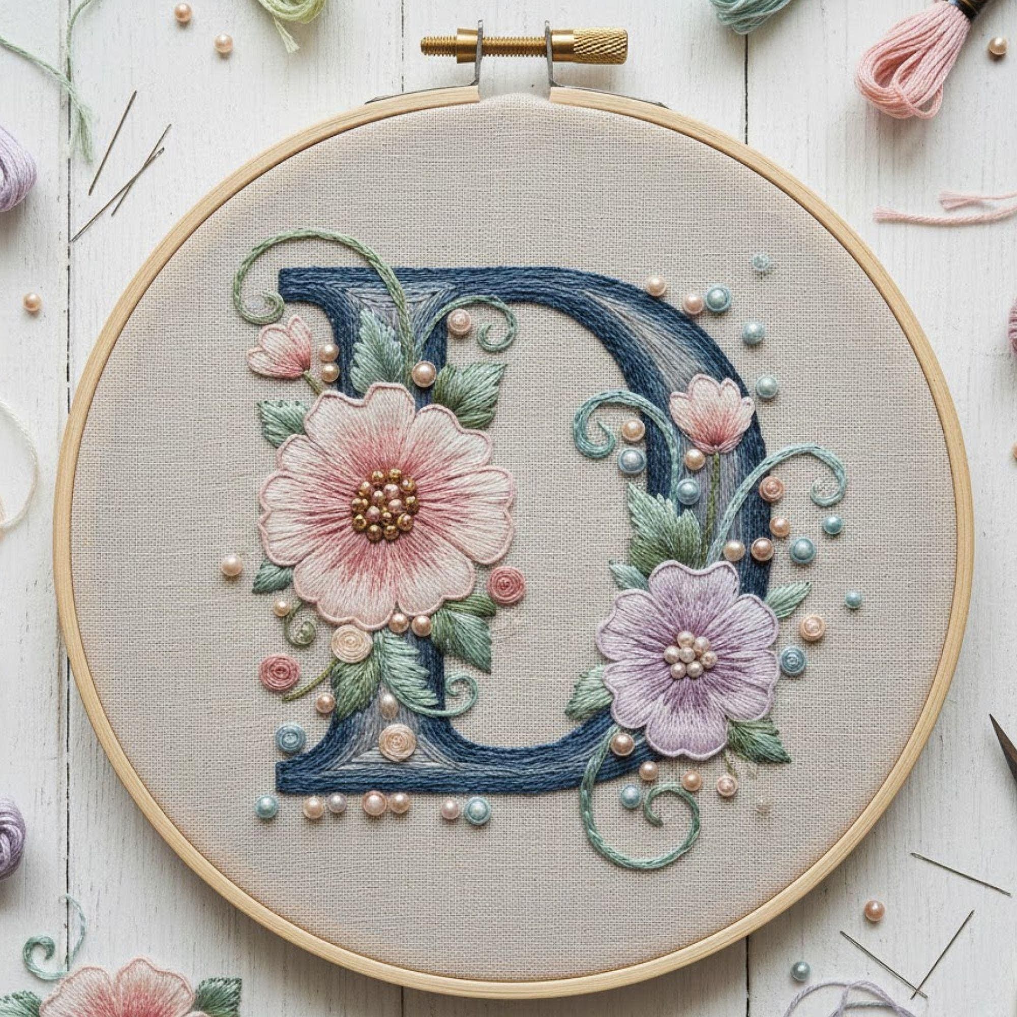Floral Letter D Hand Embroidery Pattern, Monogram Initial Hoop Art PDF ...