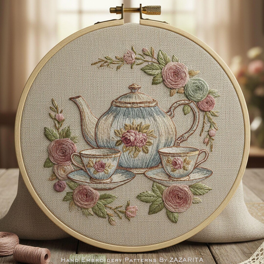 ヴィンテージティーポット刺繍パターン：花柄ニードルポイント（PDF