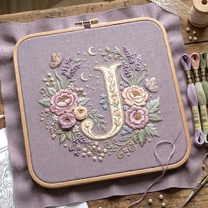 Op de afbeelding: Geborduurde hoepelkunst met de letter "J" omringd door bloemen en hemelse motieven. Het ontwerp bevat roze en lavendelkleurige bloemen, vlinders en halve manen. De borduursels zijn geplaatst in een houten hoepel op een lavendelkleurige stoffen achtergrond.