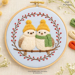 Winter Birds Hand Embroidery Pattern PDF – Cozy Pair in Knitted Hats and Scarf with Red Berries – Modern Hoop Art for Home Décor