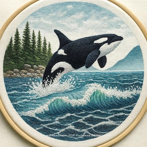 May include: Embroidered hoop art featuring a breaching orca whale. The whale is black and white, leaping from blue ocean waves. Green trees and a light blue sky with clouds form the background. The artwork is framed in a wooden hoop.