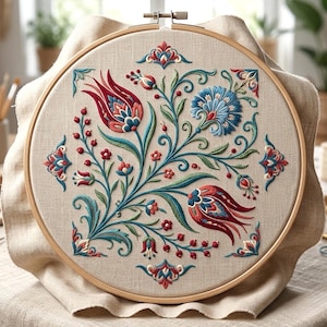 May include: A circular wooden embroidery hoop holding beige linen fabric with a detailed floral needlepoint design. The embroidery features red tulips, a blue carnation, green swirling stems, and small red berries arranged in a symmetrical pattern.