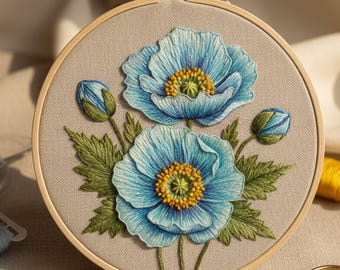 Patrón de bordado floral azul a mano, diseño de aro de flores botánicas, PDF imprimible