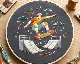 Skateboarding Embroidery Pattern, Skateboarder Sports Hoop Art, Modern Digital Download